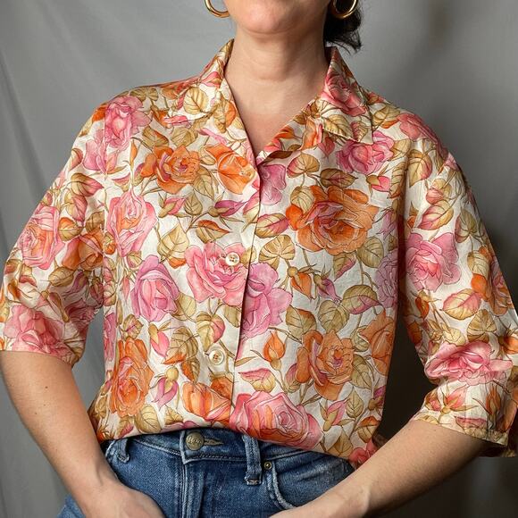 Vintage 70s pink roses print floral 1/2 sleeve blouse button-down top‎ rose L - Picture 17 of 17